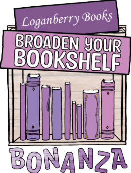 drawing of a bookshelf full of purple books. The text above says Loganberry Books Broaden Your Bookshelf. The text underneath says Bonanza.